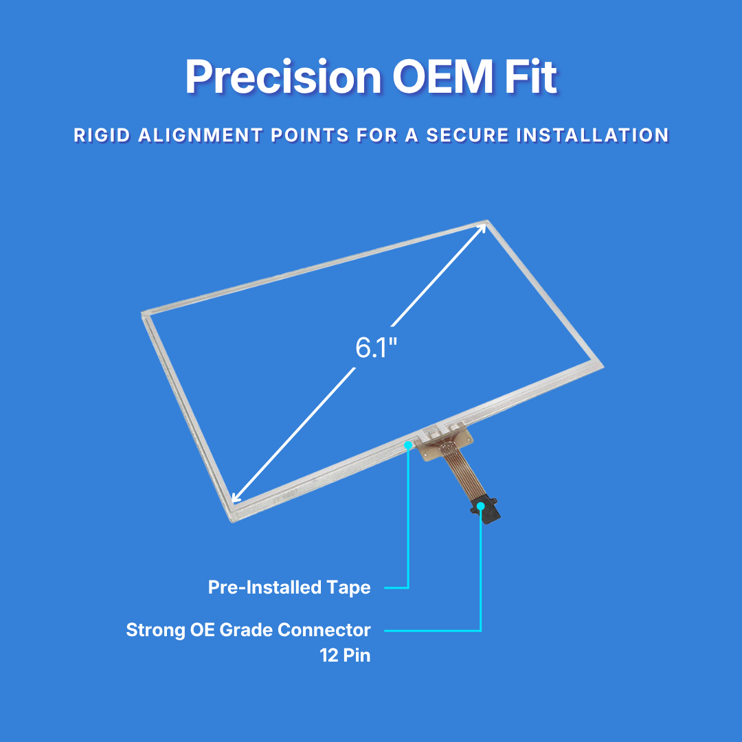 Touchscreen display with text about precision OEM fit on a blue background