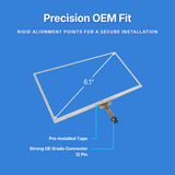 Touchscreen display with text about precision OEM fit on a blue background