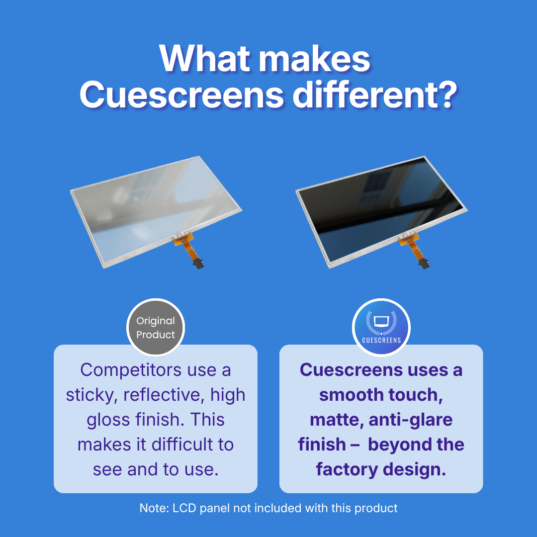 Comparison of original product and Cuescreens on a blue background with text explaining differences