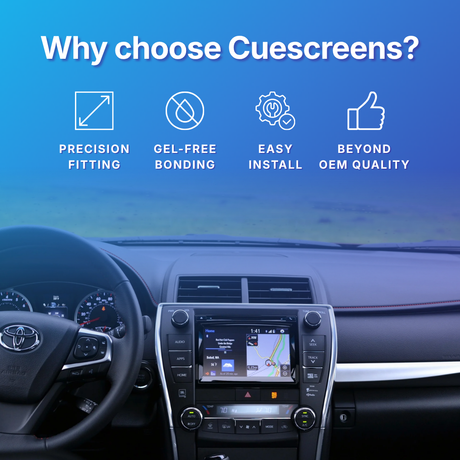 Car dashboard with a touchscreen display and text highlighting Cuescreens' features on a blue background