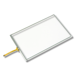 Back of touchscreen glass panel with a yellow connector on a white background