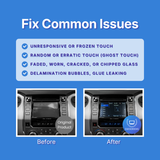 Before and after comparison of a car's infotainment screen with text about common issues on a blue background