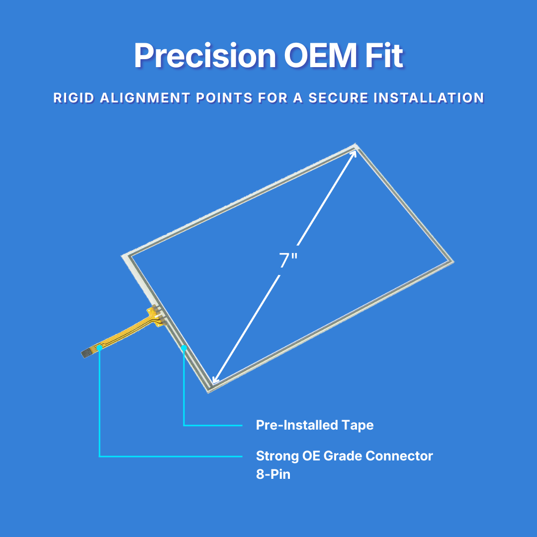 Touchscreen display with text about precision OEM fit on a blue background
