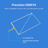 Touchscreen display with text about precision OEM fit on a blue background