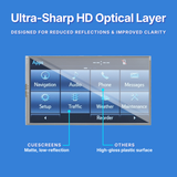 Car infotainment system display with ultra-sharp HD optical layer on a blue background