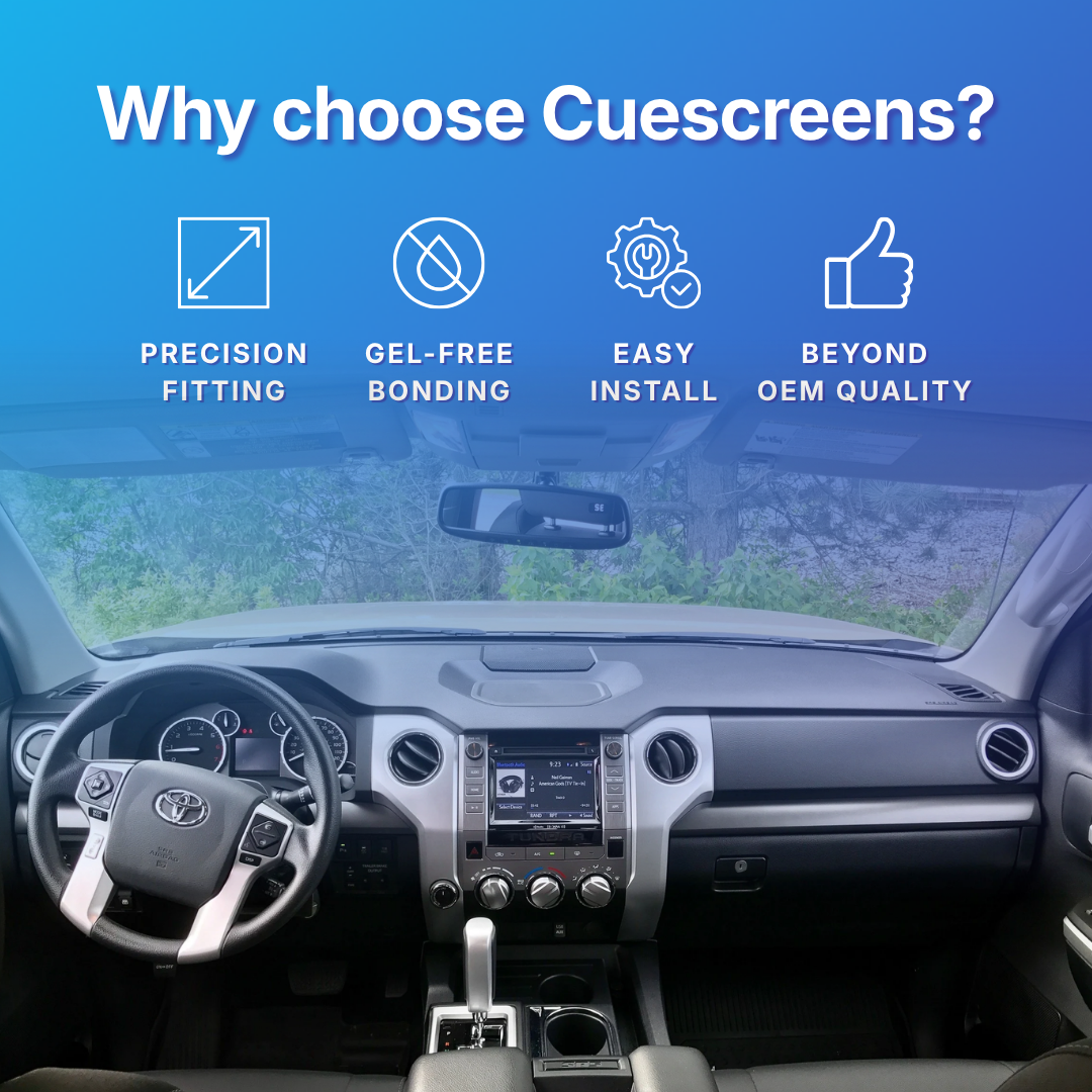 Car dashboard with a touchscreen display and text highlighting Cuescreens' features on a blue background