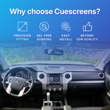 Car dashboard with a touchscreen display and text highlighting Cuescreens' features on a blue background