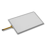 Touchscreen glass panel with connector on a white background
