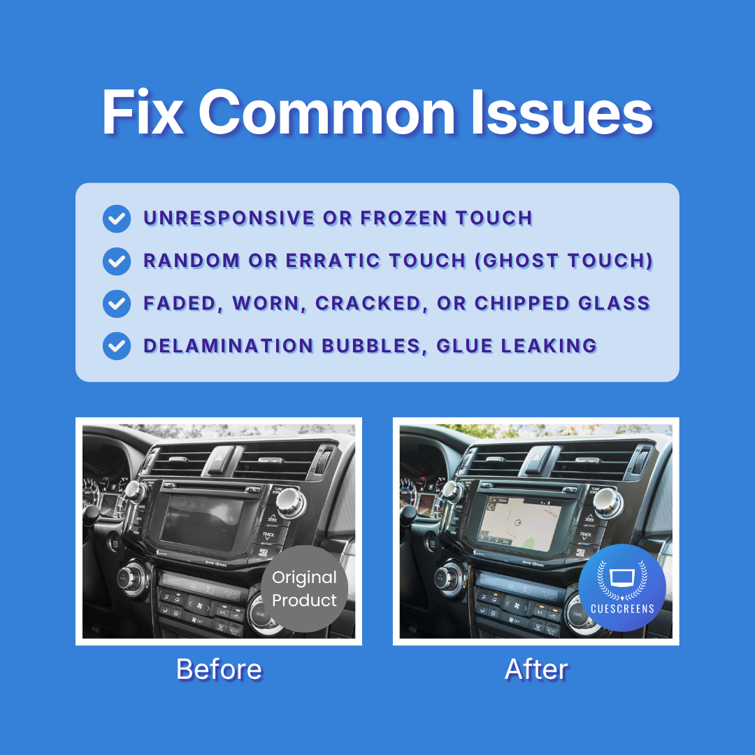 Before and after comparison of a car's infotainment screen with text about common issues on a blue background
