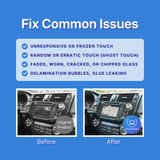 Before and after comparison of a car's infotainment screen with text about common issues on a blue background