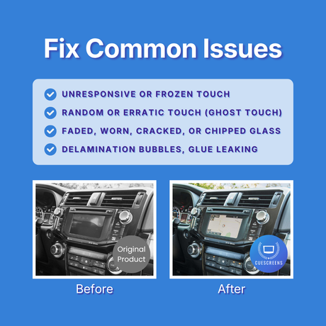 Before and after comparison of a car's infotainment screen with text about common issues on a blue background