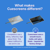 Comparison of original product and Cuescreens on a blue background with text explaining differences