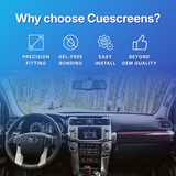 Car dashboard with a touchscreen display and text highlighting Cuescreens' features on a blue background