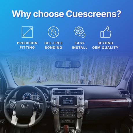 Car dashboard with a touchscreen display and text highlighting Cuescreens' features on a blue background