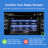 Car radio display on a blue background, featuring text to confirm radio version.