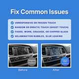 Before and after comparison of a car's infotainment screen with text about common issues on a blue background.