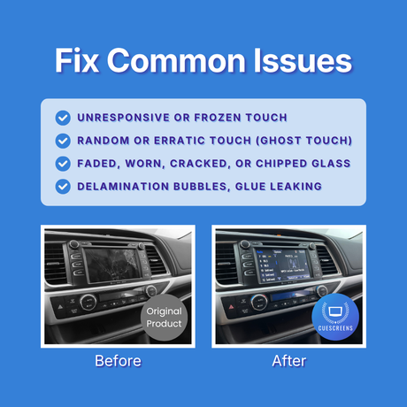 Before and after comparison of a car's infotainment screen with text about common issues on a blue background.
