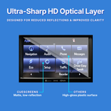 Car infotainment system screen with ultra-sharp HD optical layer on a blue background