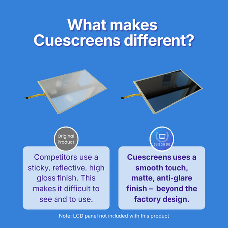 Comparison of original product and Cuescreens on a blue background with text explaining the differences.