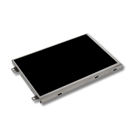 Rectangular electronic panel with a black screen on a white background
