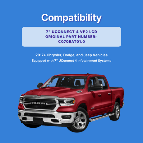 Red truck on a blue background with compatibility information for 7“ UConnect 4 VP2 LCD.