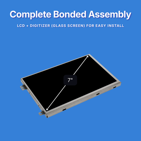 7-inch LCD digitizer assembly on a blue background with text about complete bonded assembly.