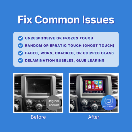Before and after comparison of a car's infotainment screen with text about fixing common issues on a blue background.