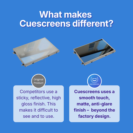 Comparison of other's product and Cuescreens product on a blue background with text explaining differences.