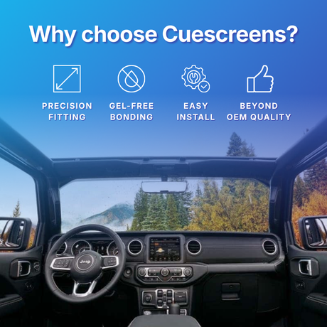 Car interior with Cuescreens branding highlighting features like precision fitting, gel-free bonding, easy install, and beyond OEM quality.
