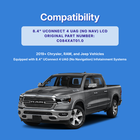 Gray Ram truck on a blue background with compatibility information for 8.4" UConnect 4 UAG infotainment system.