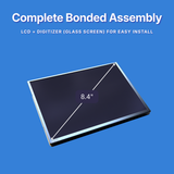 8.4-inch screen assembly on a blue background with text about complete bonded assembly.