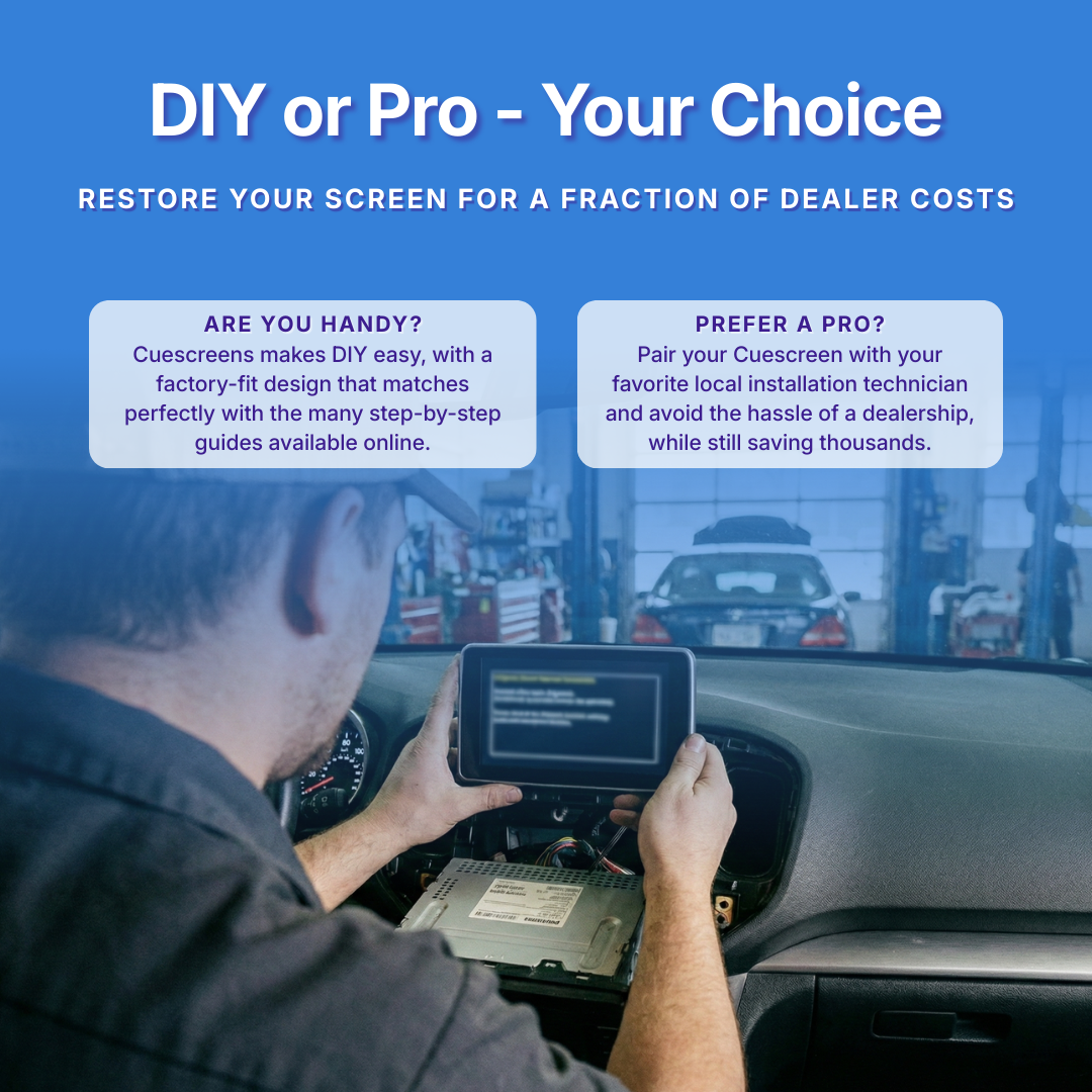 Person installing a car screen with text about DIY or professional installation options.