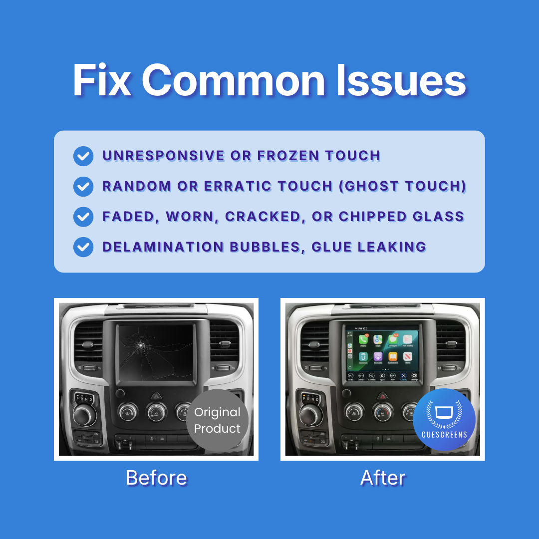 Before and after comparison of a car's infotainment screen with text about fixing common issues on a blue background.