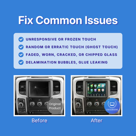 Before and after comparison of a car's infotainment screen with text about fixing common issues on a blue background.