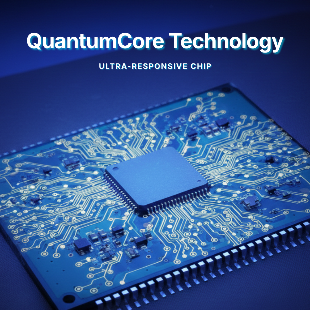 Ultra-responsive chip on a circuit board with 'QuantumCore Technology' branding.