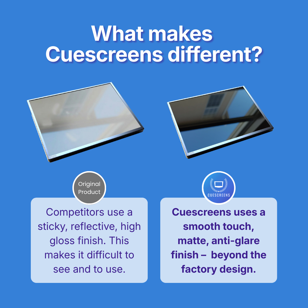 Comparison of other's product and Cuescreens product on a blue background with text explaining differences.