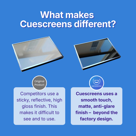 Comparison of other's product and Cuescreens product on a blue background with text explaining differences.