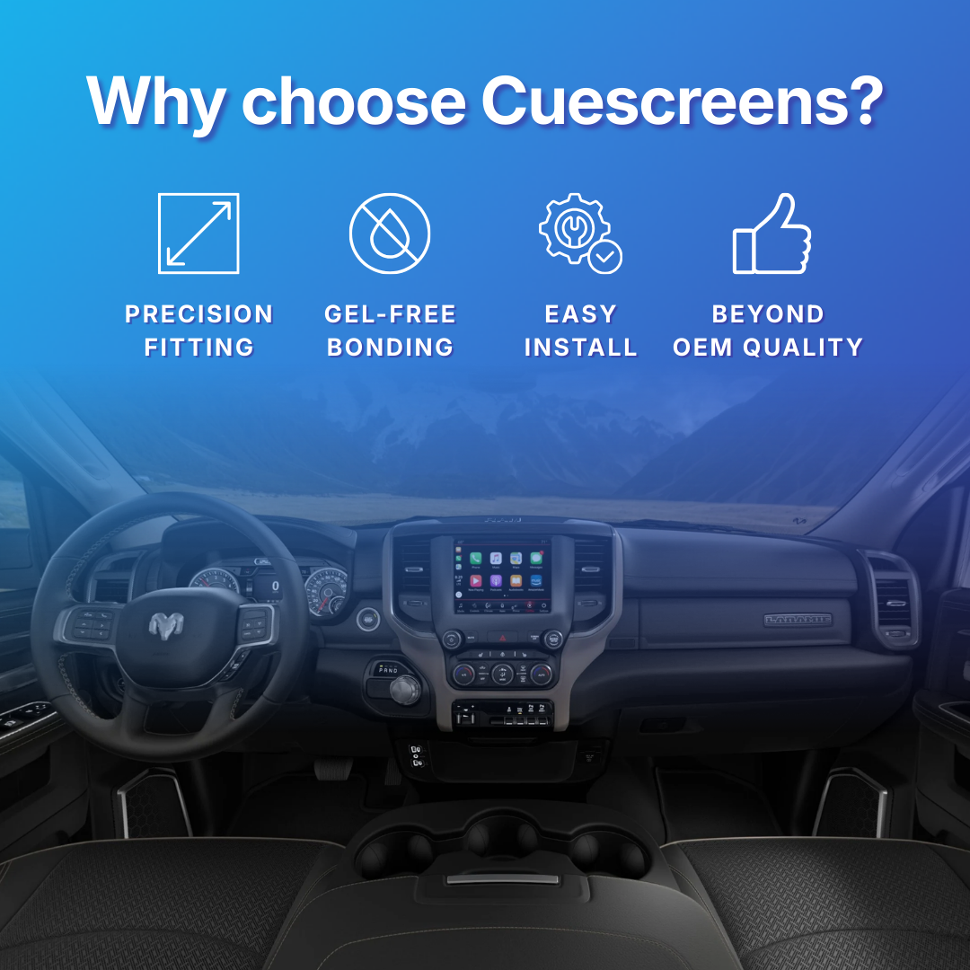 Car interior with Cuescreens branding highlighting features like precision fitting, gel-free bonding, easy install, and beyond OEM quality.