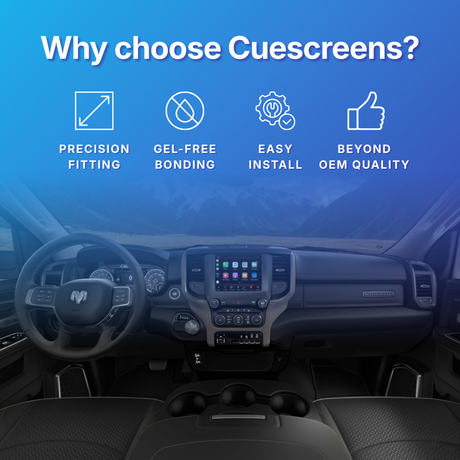 Car interior with Cuescreens branding highlighting features like precision fitting, gel-free bonding, easy install, and beyond OEM quality.