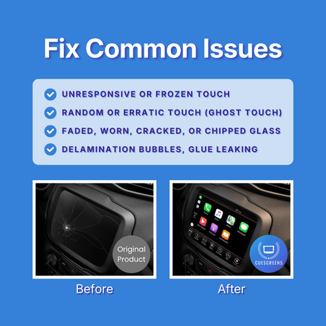 Before and after comparison of a car's infotainment screen with text about fixing common issues on a blue background.