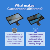 Comparison of other's product and Cuescreens product on a blue background with text explaining differences.