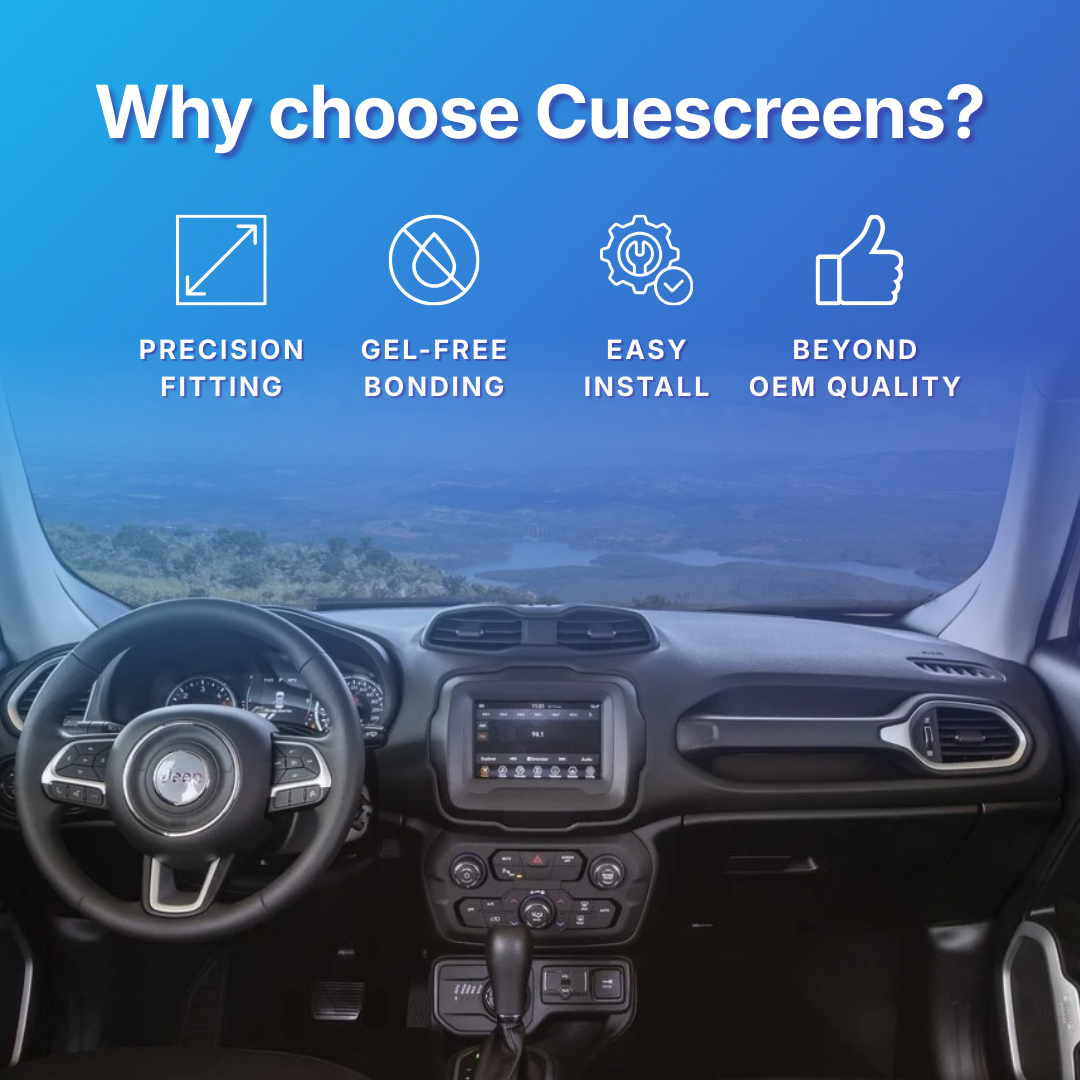 Car interior with Cuescreens branding highlighting features like precision fitting, gel-free bonding, easy install, and beyond OEM quality.