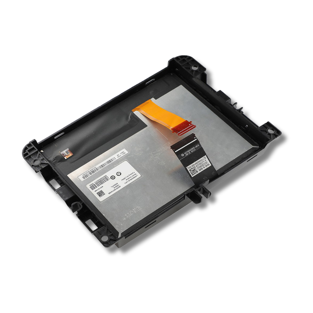 Back of an electronic touchscreen with a ribbon cable on a white background