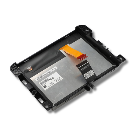 Back of an electronic touchscreen with a ribbon cable on a white background