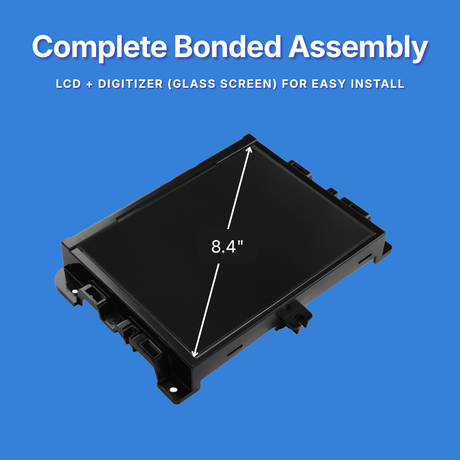 8.4-inch LCD digitizer assembly on a blue background with text indicating it's a complete bonded assembly