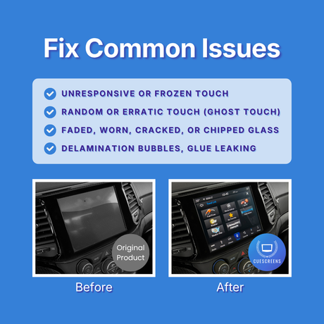 Before and after comparison of a car's infotainment screen with text about fixing common issues on a blue background