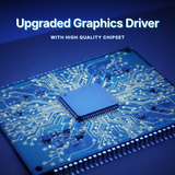 Electronic circuit board with a chip on a blue background, featuring text about upgraded graphics driver and high-quality chipset
