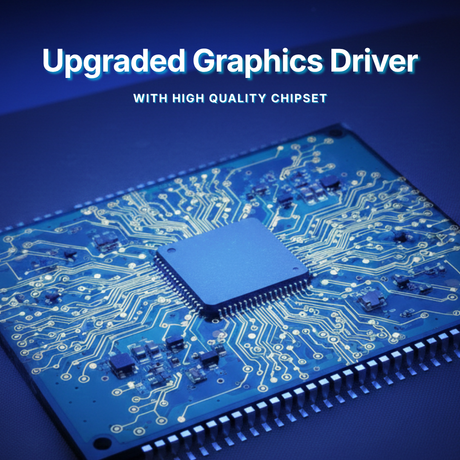 Electronic circuit board with a chip on a blue background, featuring text about upgraded graphics driver and high-quality chipset