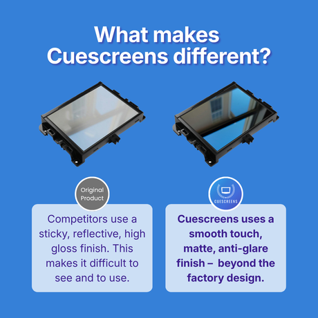 Comparison of other's product and Cuescreens product on a blue background with text explaining differences