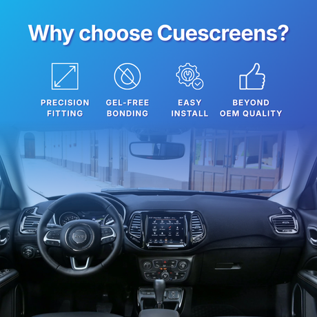 Car interior with Cuescreens branding highlighting features like precision fitting, gel-free bonding, easy install, and beyond OEM quality